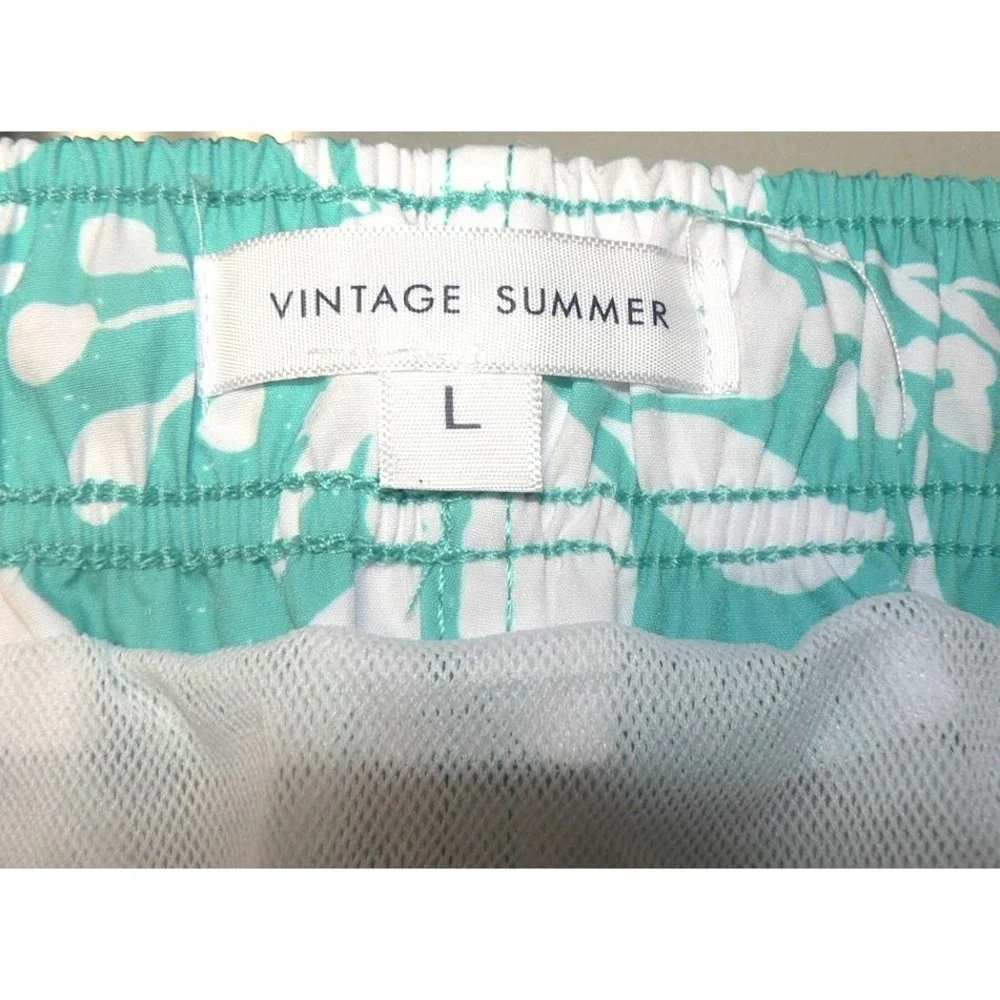 Vintage Summer Men's Tropical Print Drawstring Volley‎ Swim Trunks in Teal Large